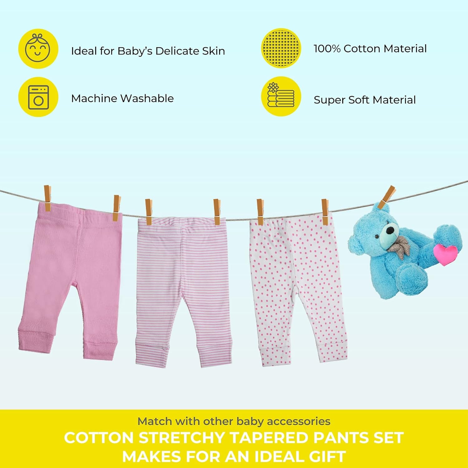Baby Cotton Pants for Newborns and Infants, Tapered, 3 Pack