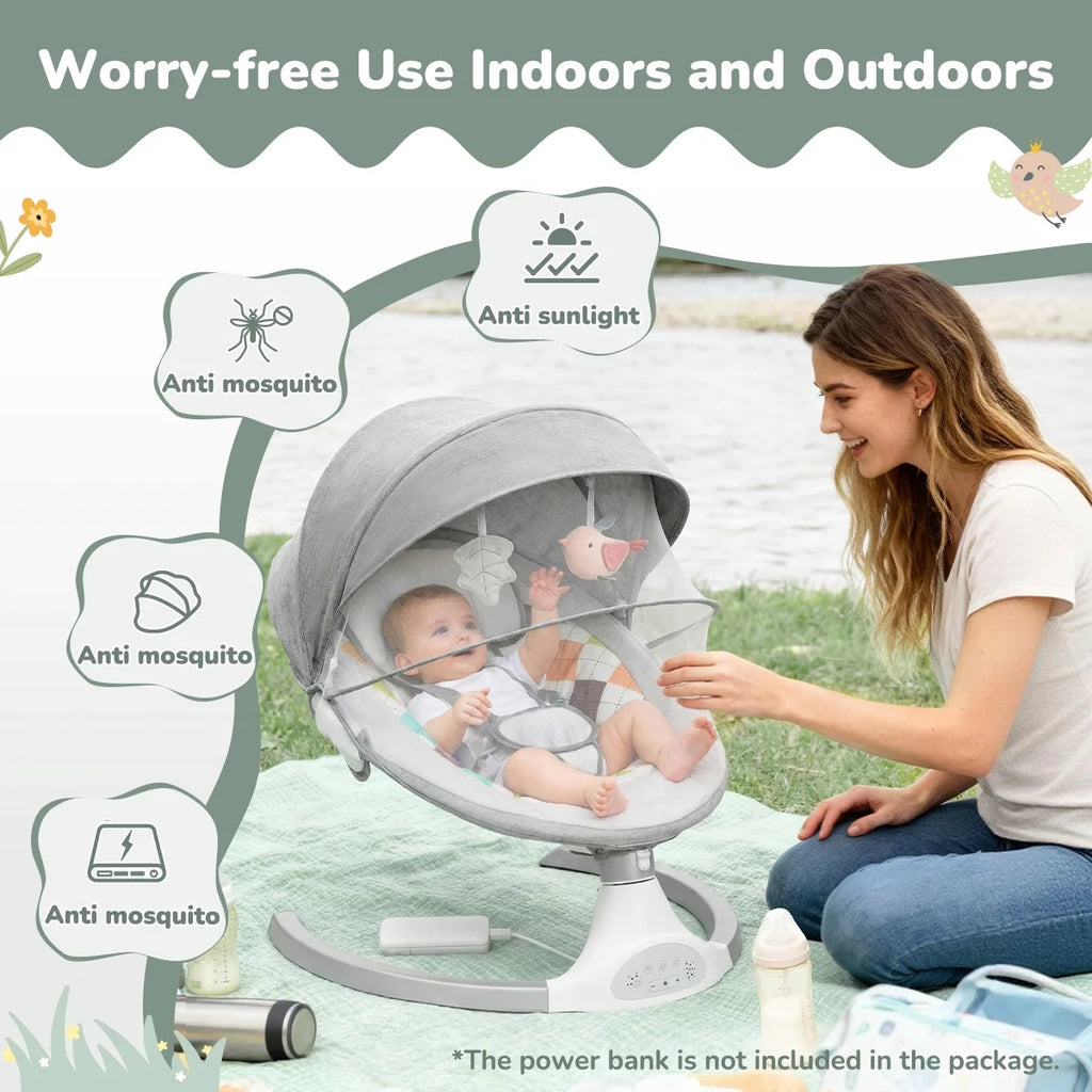 Baby Swing for Infants,  Baby Rocker with Dinner Plate, 5 Swing Speeds, Adapter Battery Operated, Indoor,Outdoor, Grey