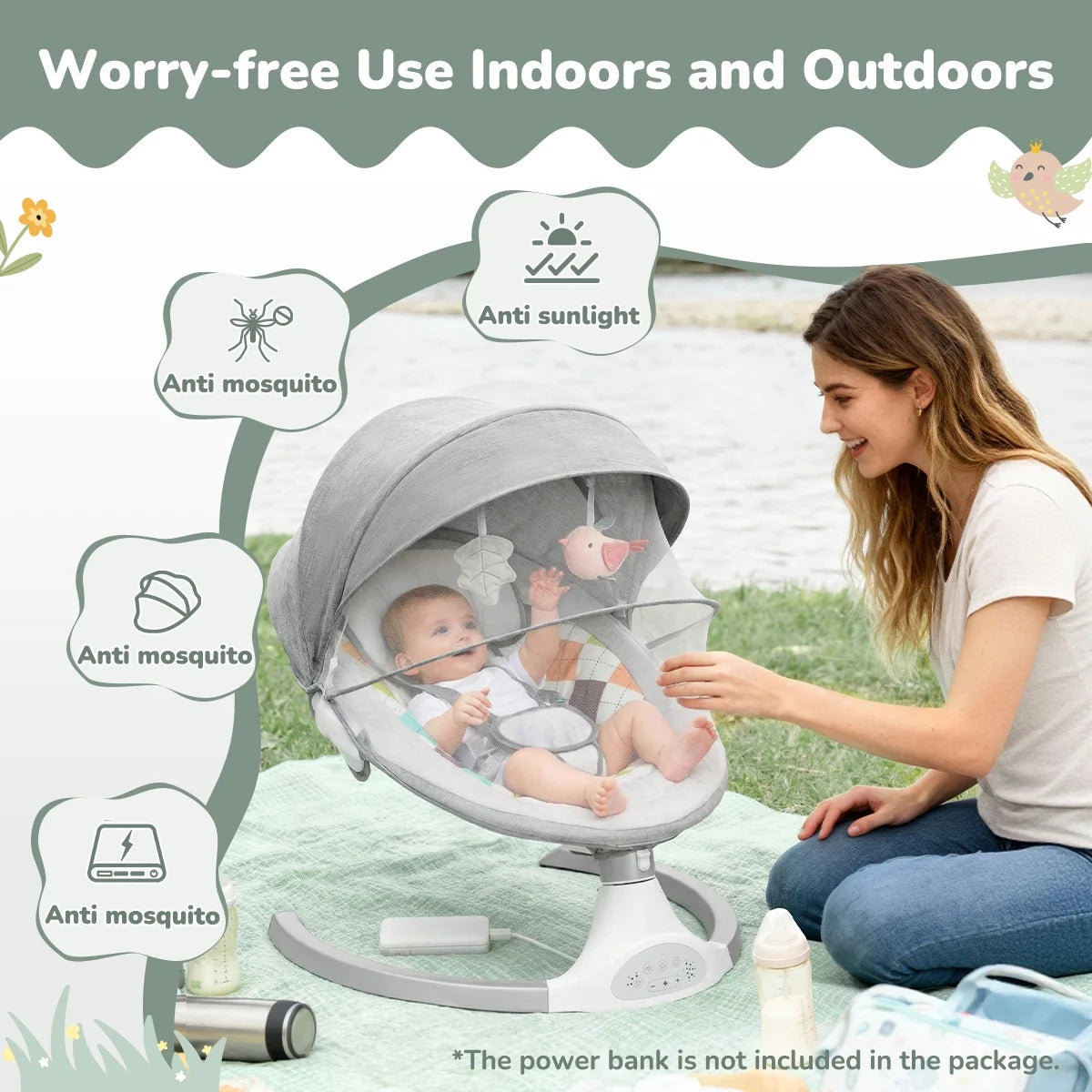 Baby Swing for Infants,  Baby Rocker with Dinner Plate, 5 Swing Speeds, Adapter Battery Operated, Indoor,Outdoor, Grey