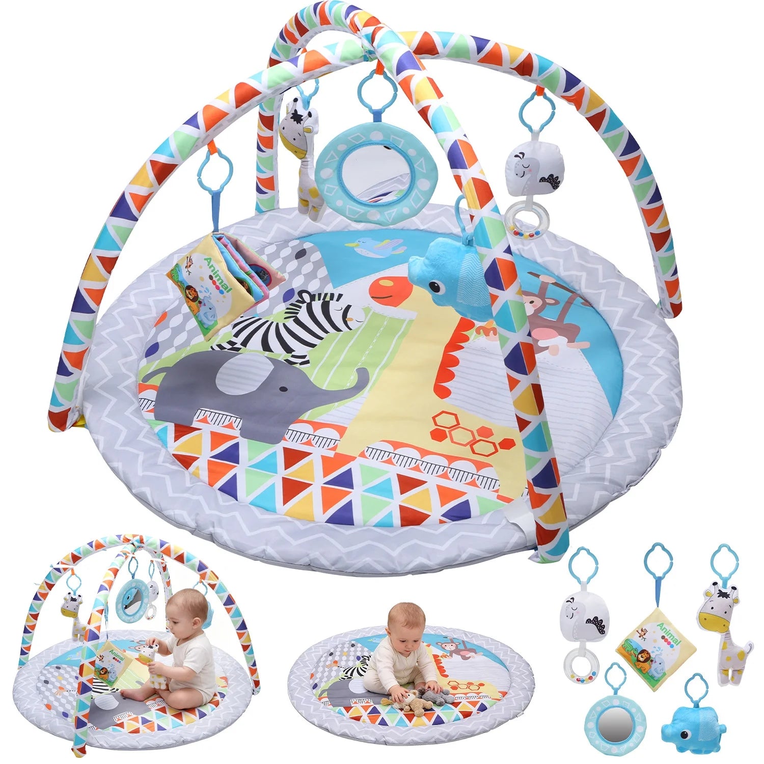 Baby Gym Play Mat Activity Mat with 5 Detachable Toys, round Tummy Time Play Mat for Newborns & Infants 0–12 Months