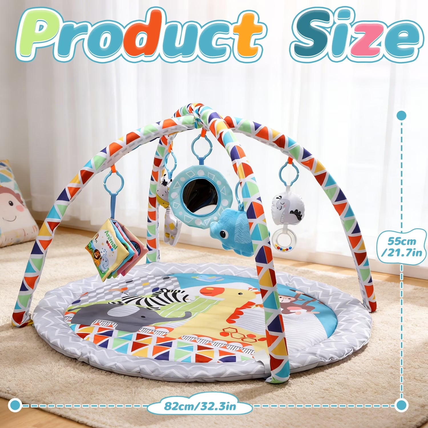 Baby Gym Play Mat Activity Mat with 5 Detachable Toys, round Tummy Time Play Mat for Newborns & Infants 0–12 Months