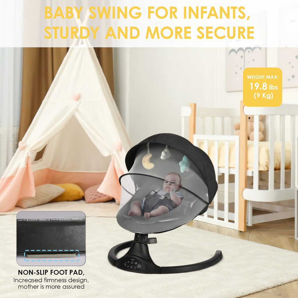 Baby Swing for Infants - Electric Infant Swing, Portable Indoor Baby Rocker, Touch and Remote Control, 10 Lullabies, Bluetooth, Black