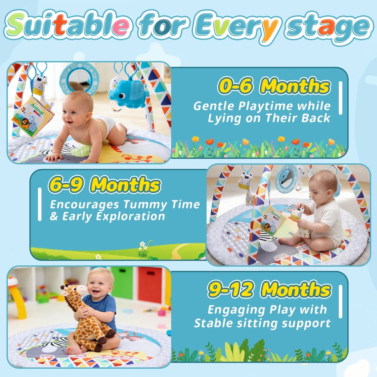 Baby Gym Play Mat Activity Mat with 5 Detachable Toys, round Tummy Time Play Mat for Newborns & Infants 0–12 Months