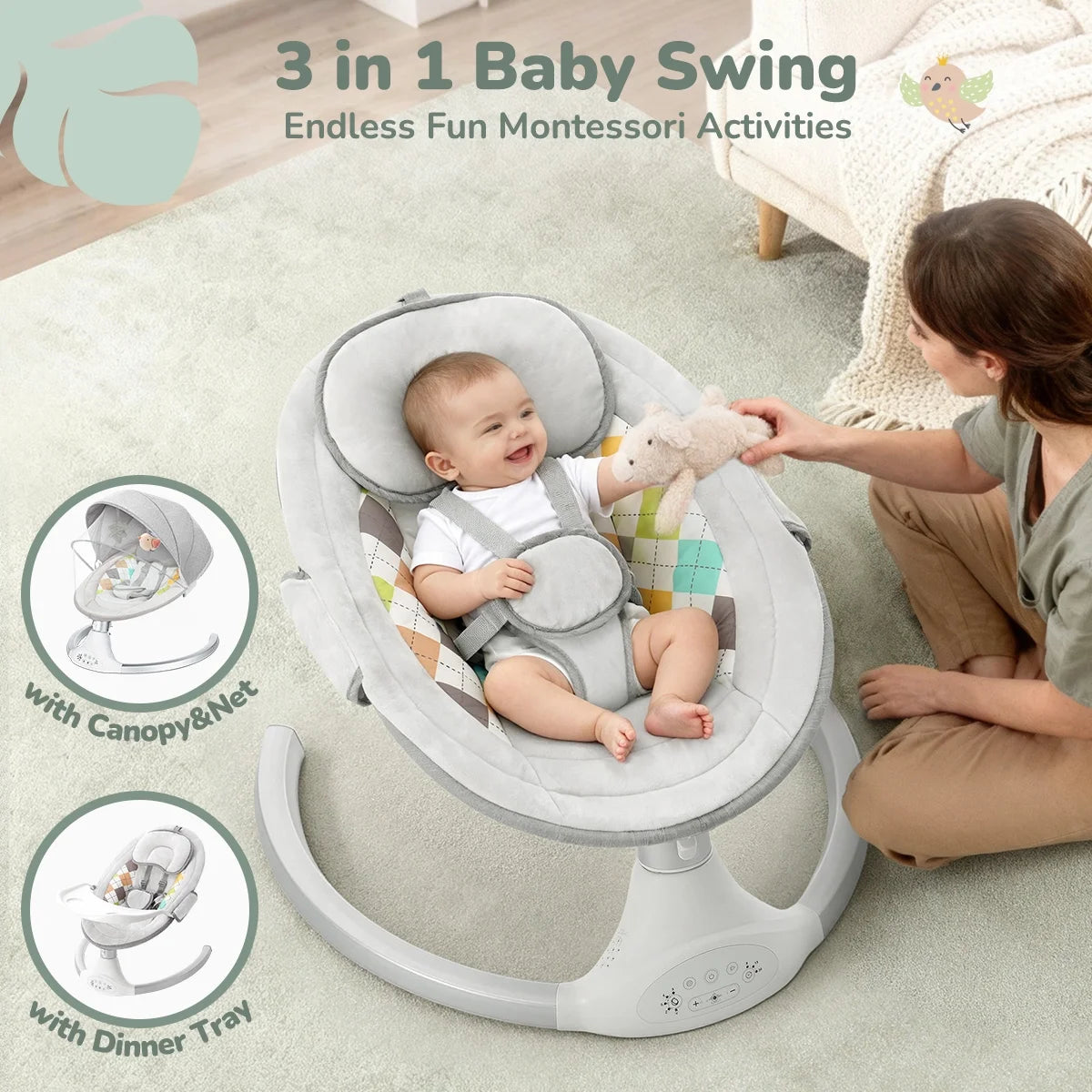 Baby Swing for Infants,  Baby Rocker with Dinner Plate, 5 Swing Speeds, Adapter Battery Operated, Indoor,Outdoor, Grey