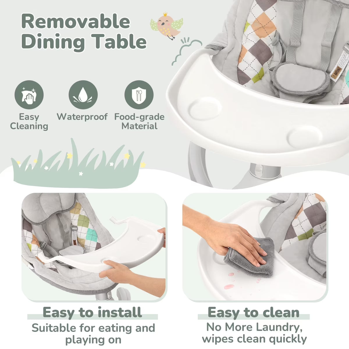 Baby Swing for Infants,  Baby Rocker with Dinner Plate, 5 Swing Speeds, Adapter Battery Operated, Indoor,Outdoor, Grey