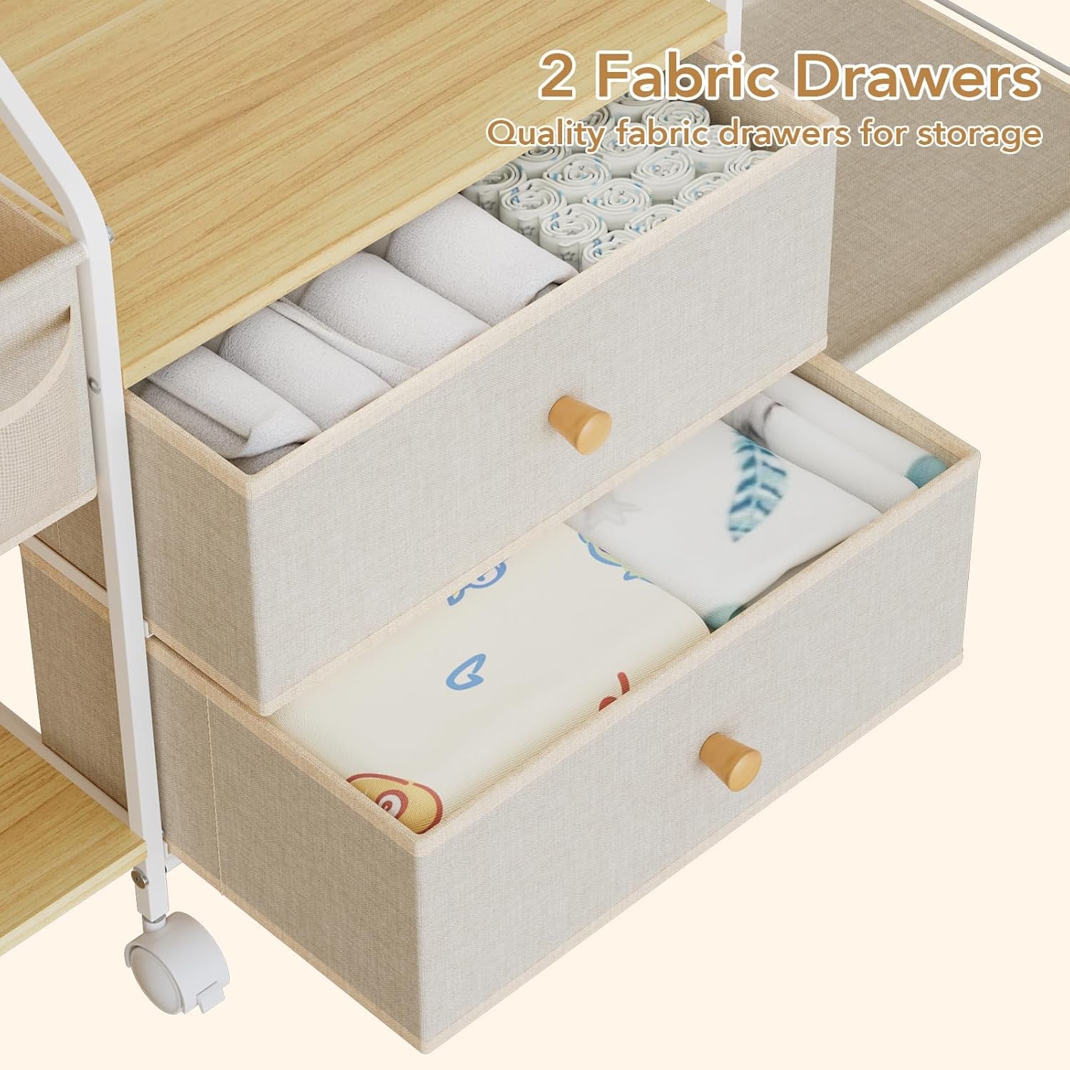 Diaper Caddy Organizer with Hanging Rack - 3 Tier Rolling Utility Cart with Drawers and Dividers for Baby Bottle Storage - Bedside Cart for Changing Station, Crib, Nursery, Bedroom, Beige