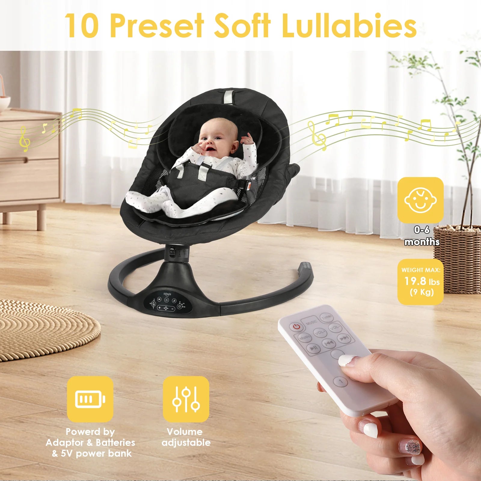 Baby Swing for Infants - Electric Infant Swing, Portable Indoor Baby Rocker, Touch and Remote Control, 10 Lullabies, Bluetooth, Black