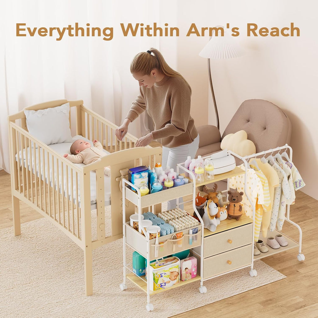 Diaper Caddy Organizer with Hanging Rack - 3 Tier Rolling Utility Cart with Drawers and Dividers for Baby Bottle Storage - Bedside Cart for Changing Station, Crib, Nursery, Bedroom, Beige