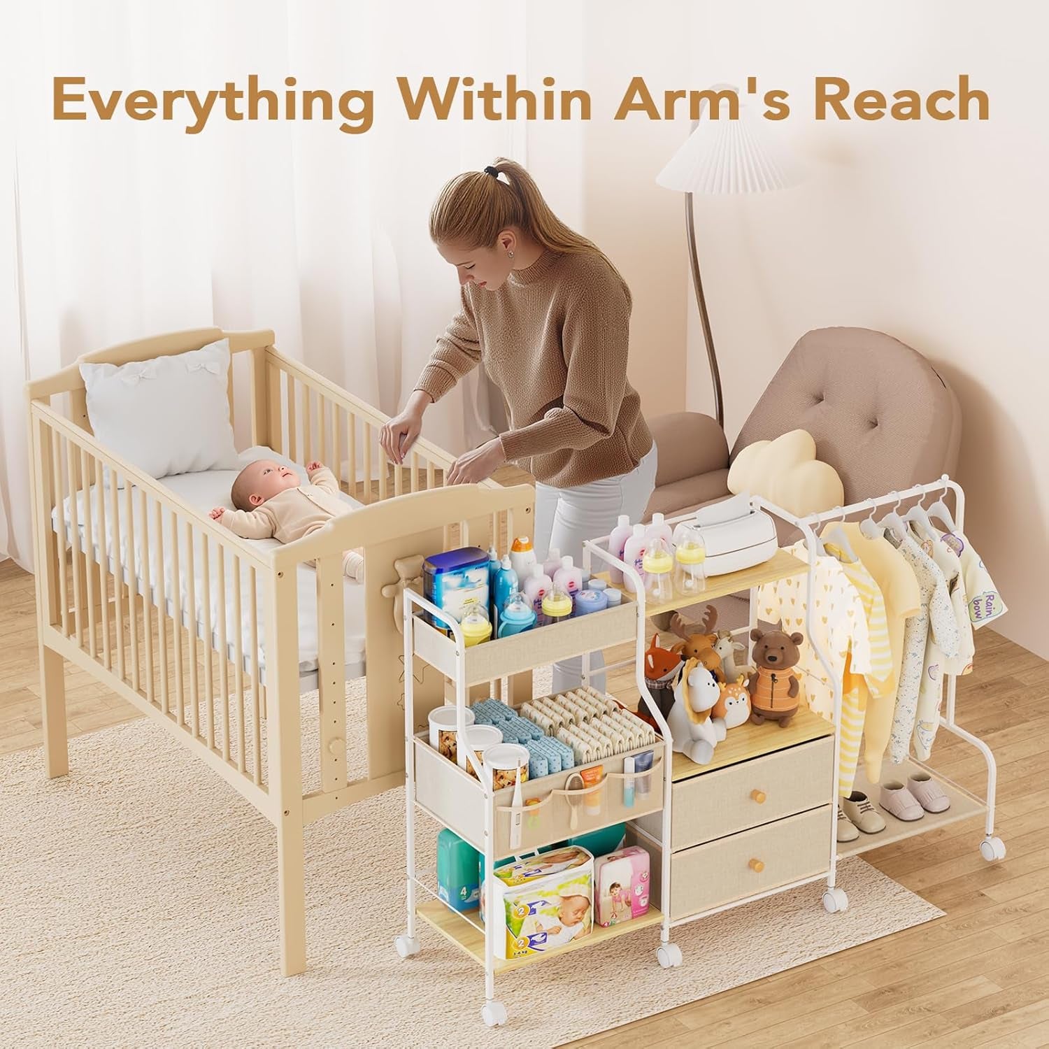 Diaper Caddy Organizer with Hanging Rack - 3 Tier Rolling Utility Cart with Drawers and Dividers for Baby Bottle Storage - Bedside Cart for Changing Station, Crib, Nursery, Bedroom, Beige