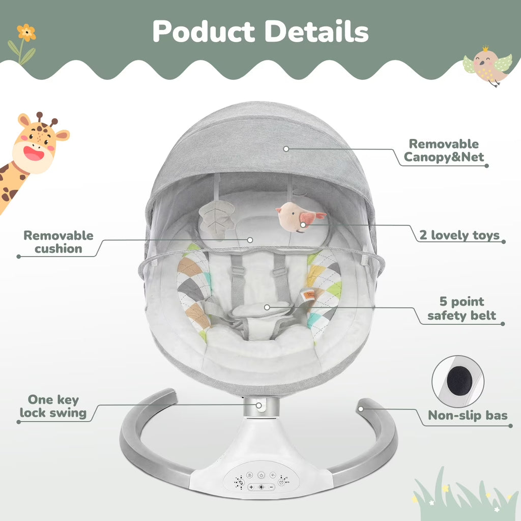 Baby Swing for Infants,  Baby Rocker with Dinner Plate, 5 Swing Speeds, Adapter Battery Operated, Indoor,Outdoor, Grey