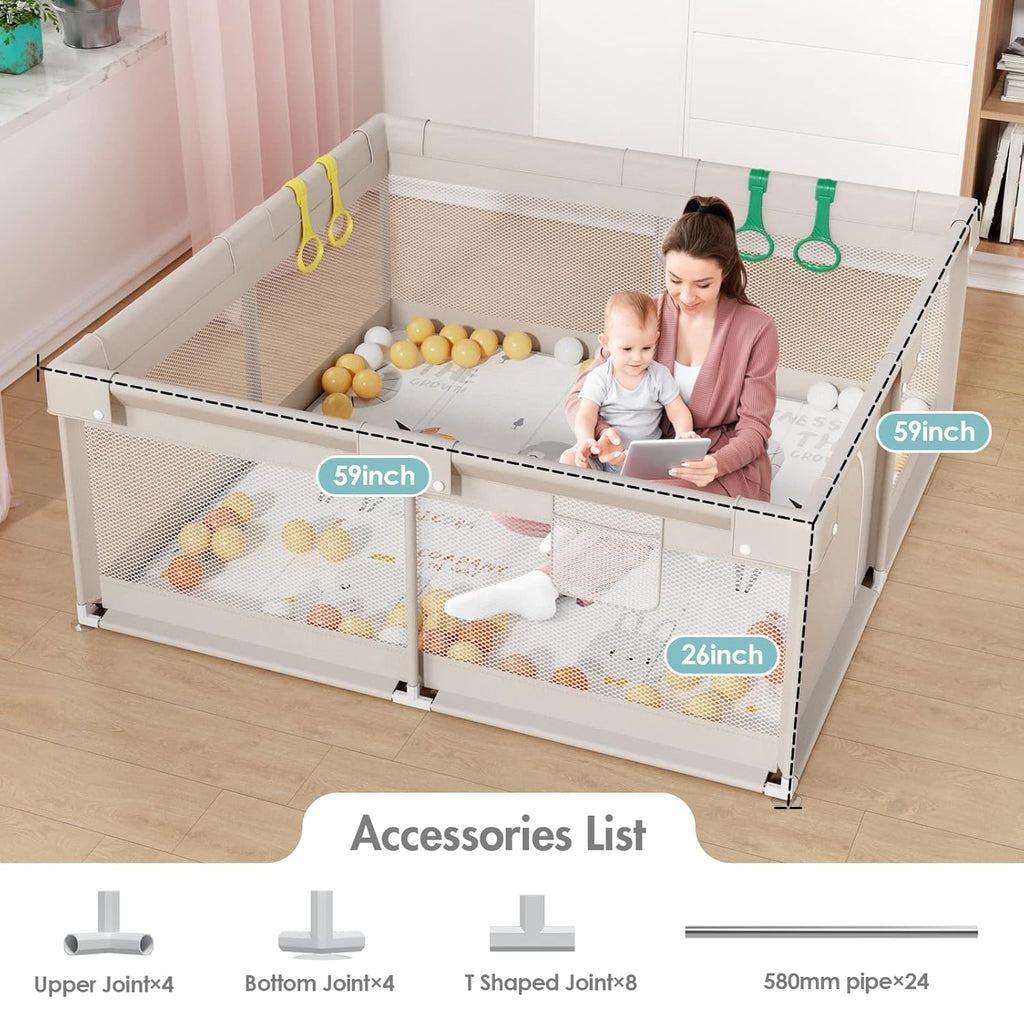 Baby Playpen with Mat, 59X59 in Playpen for Babies and Toddlers, Play Pen for Kids, Play Yard for Infants with Gate
