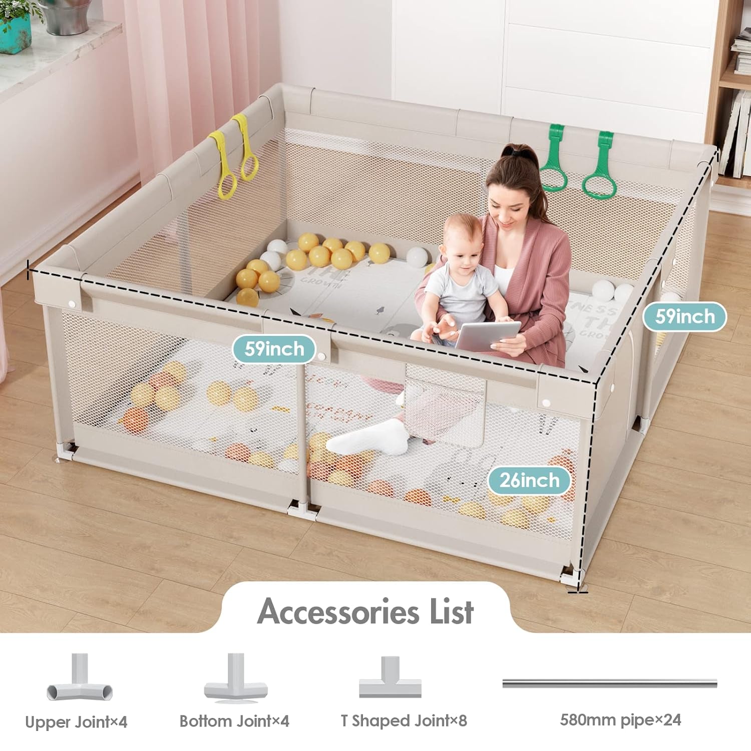 Baby Playpen with Mat, 59X59 in Playpen for Babies and Toddlers, Play Pen for Kids, Play Yard for Infants with Gate