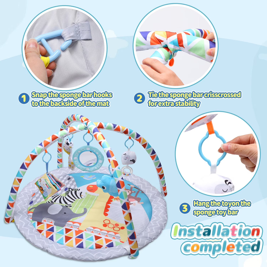 Baby Gym Play Mat Activity Mat with 5 Detachable Toys, round Tummy Time Play Mat for Newborns & Infants 0–12 Months