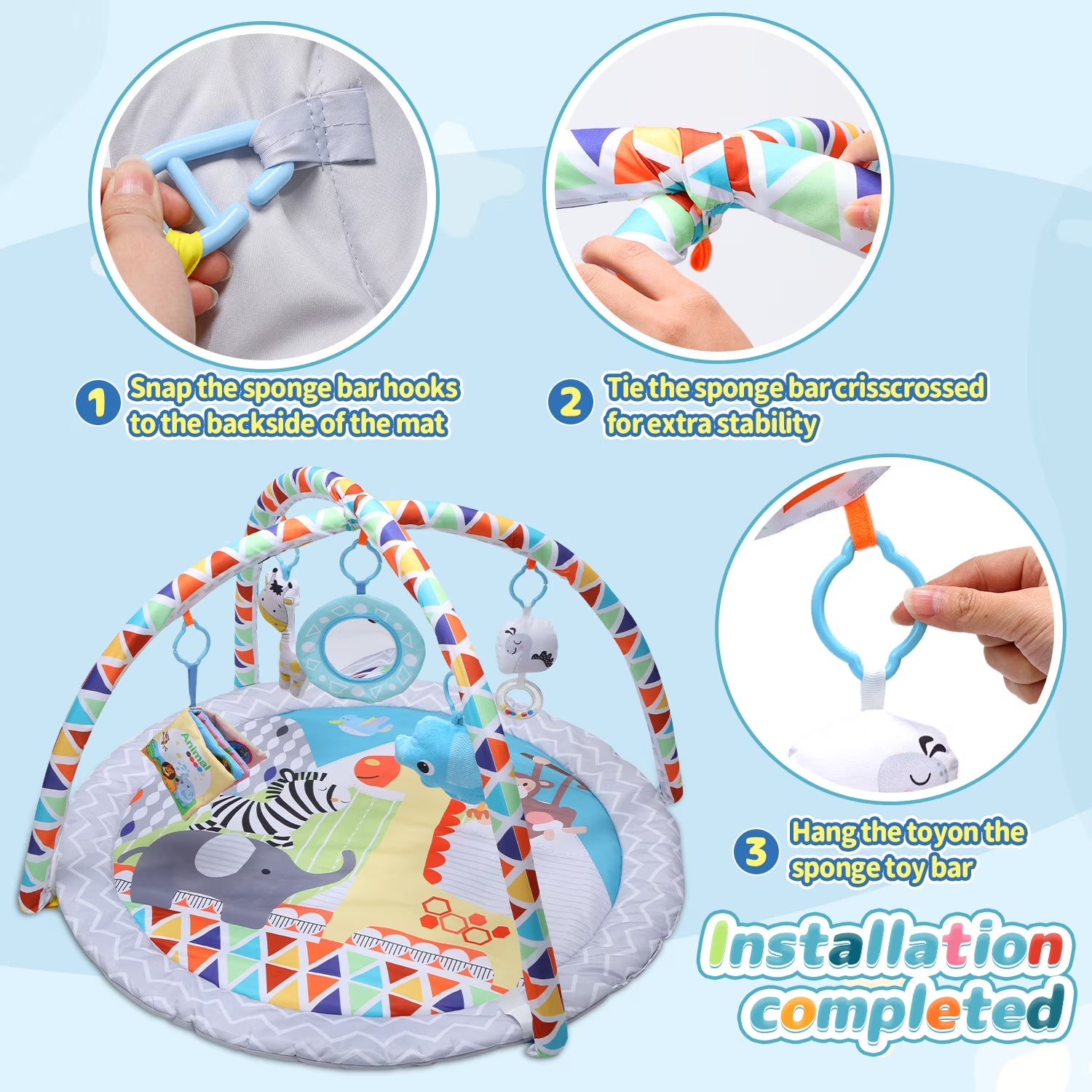 Baby Gym Play Mat Activity Mat with 5 Detachable Toys, round Tummy Time Play Mat for Newborns & Infants 0–12 Months