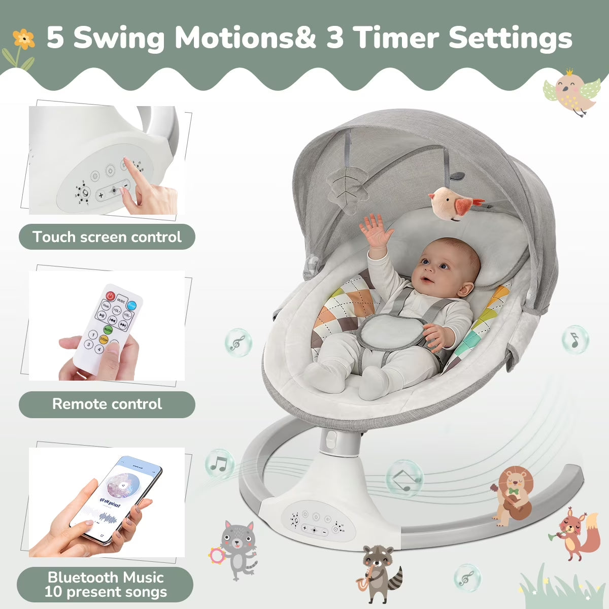 Baby Swing for Infants,  Baby Rocker with Dinner Plate, 5 Swing Speeds, Adapter Battery Operated, Indoor,Outdoor, Grey