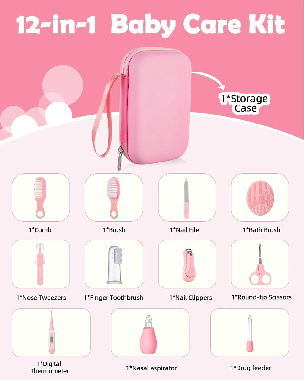 Lilian&Gema Baby Grooming and Health Kit, Nursery Safety Health Care Set with Thermometer Nail Clipper Brush Comb, Baby Care Kit for Newborn Baby Girls, Pink