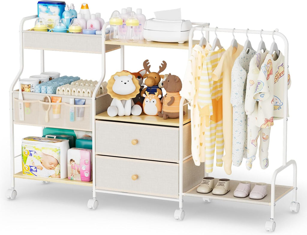 Diaper Caddy Organizer with Hanging Rack - 3 Tier Rolling Utility Cart with Drawers and Dividers for Baby Bottle Storage - Bedside Cart for Changing Station, Crib, Nursery, Bedroom, Beige