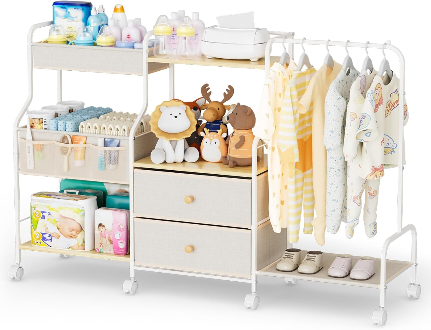 Diaper Caddy Organizer with Hanging Rack - 3 Tier Rolling Utility Cart with Drawers and Dividers for Baby Bottle Storage - Bedside Cart for Changing Station, Crib, Nursery, Bedroom, Beige