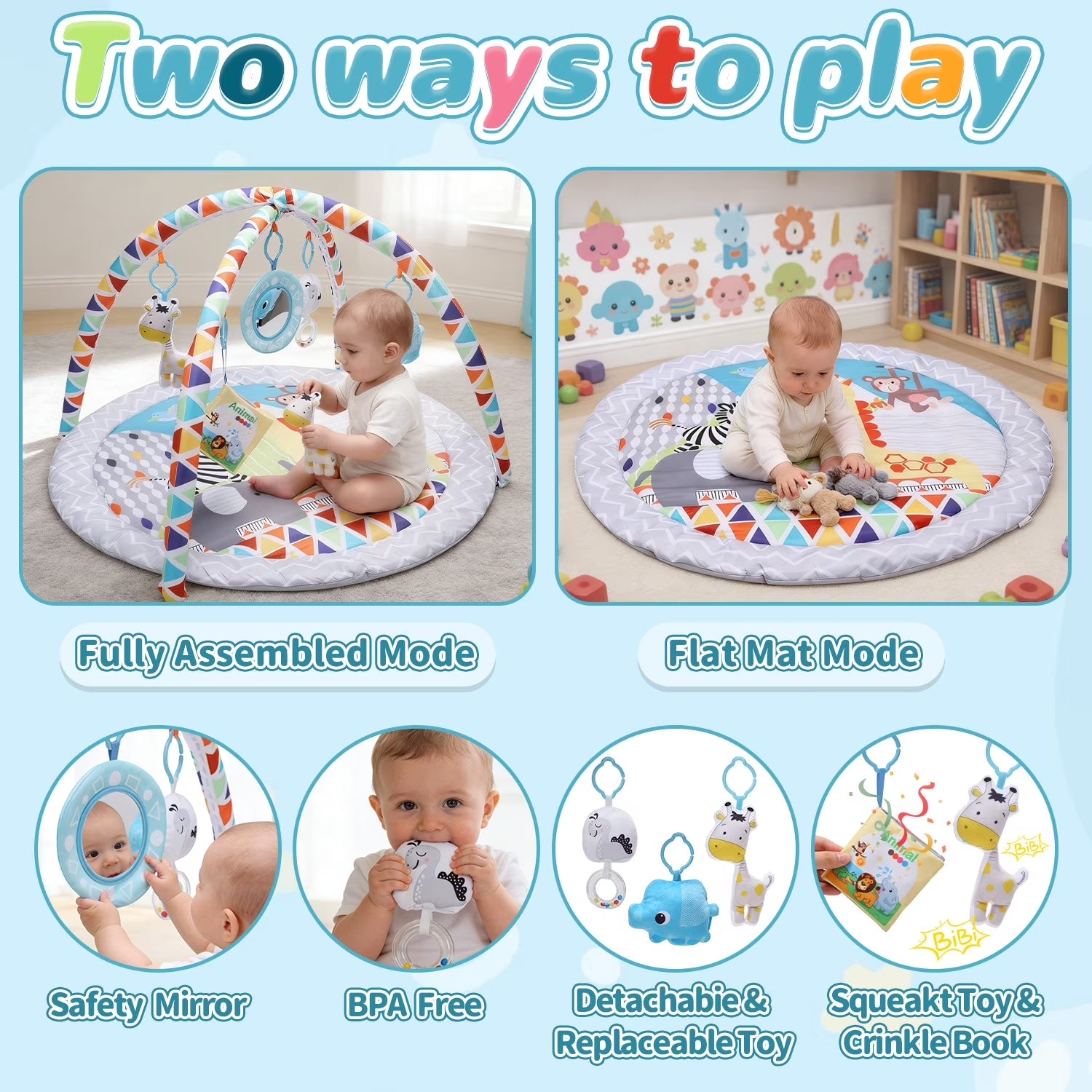 Baby Gym Play Mat Activity Mat with 5 Detachable Toys, round Tummy Time Play Mat for Newborns & Infants 0–12 Months