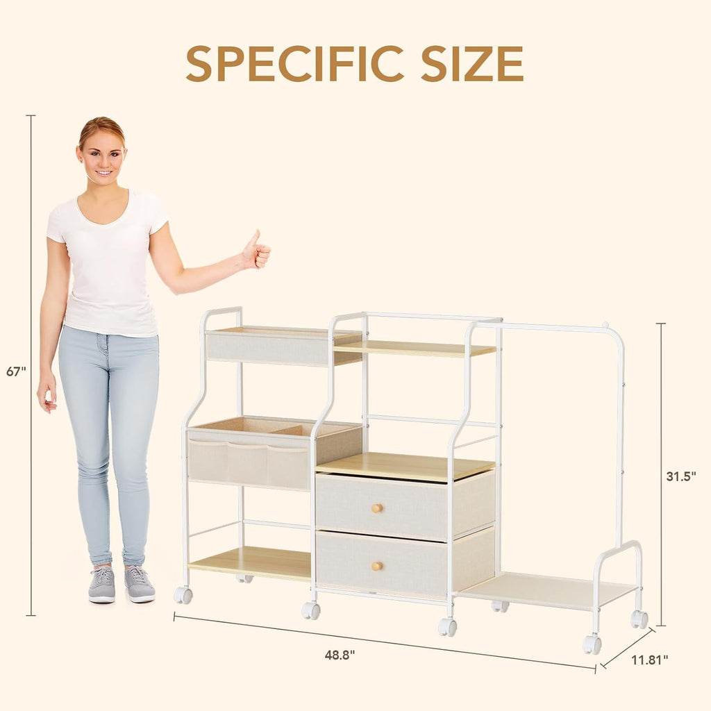Diaper Caddy Organizer with Hanging Rack - 3 Tier Rolling Utility Cart with Drawers and Dividers for Baby Bottle Storage - Bedside Cart for Changing Station, Crib, Nursery, Bedroom, Beige