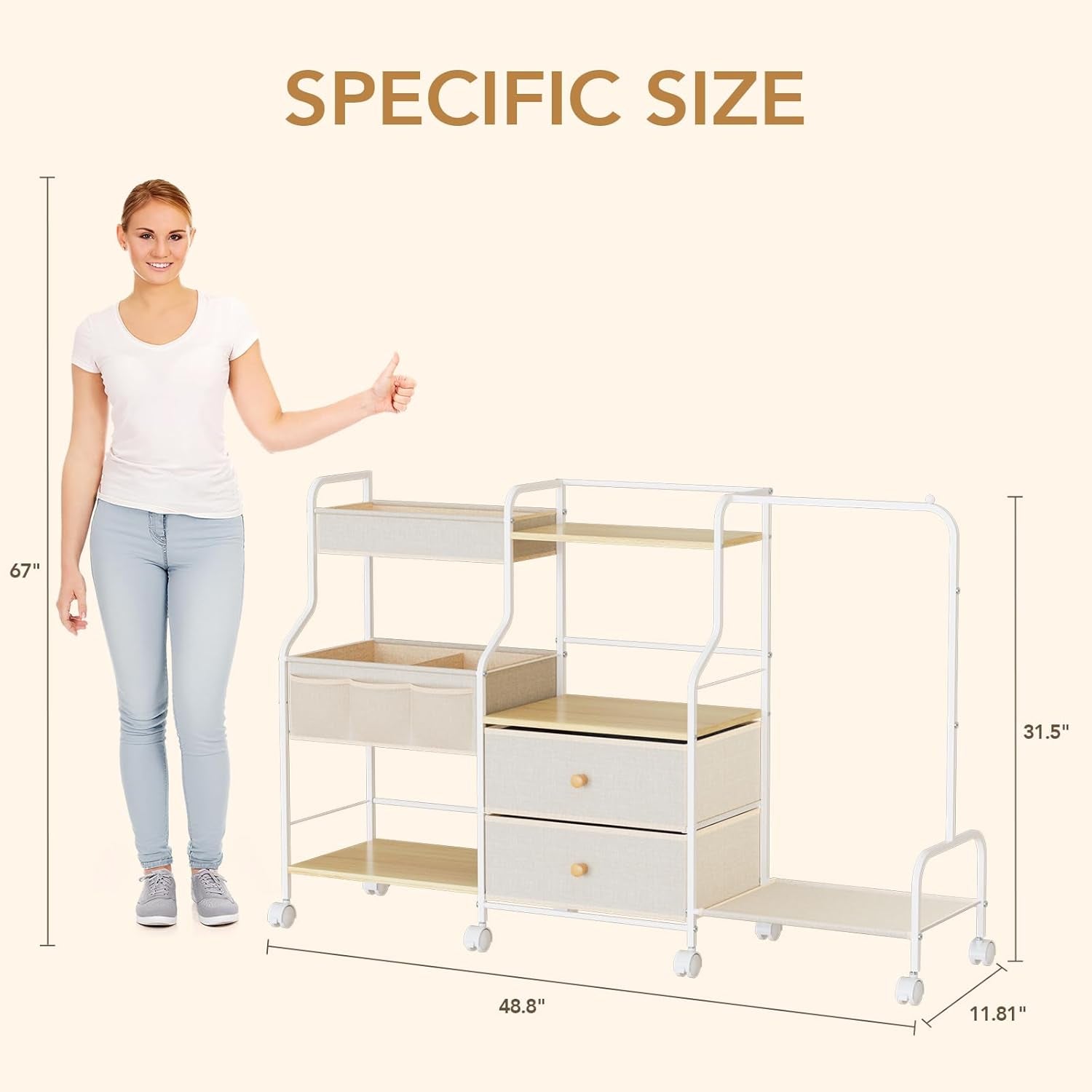 Diaper Caddy Organizer with Hanging Rack - 3 Tier Rolling Utility Cart with Drawers and Dividers for Baby Bottle Storage - Bedside Cart for Changing Station, Crib, Nursery, Bedroom, Beige