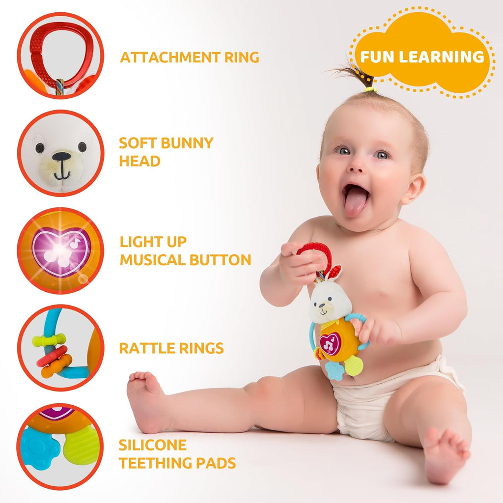Easter Bunny Teething & Rattle Musical Toy for Infants and Babies - Light-Up, Sensory Chew & Interactive Toy for Infants - Baby Basket Stuffer for 3 Months and Up