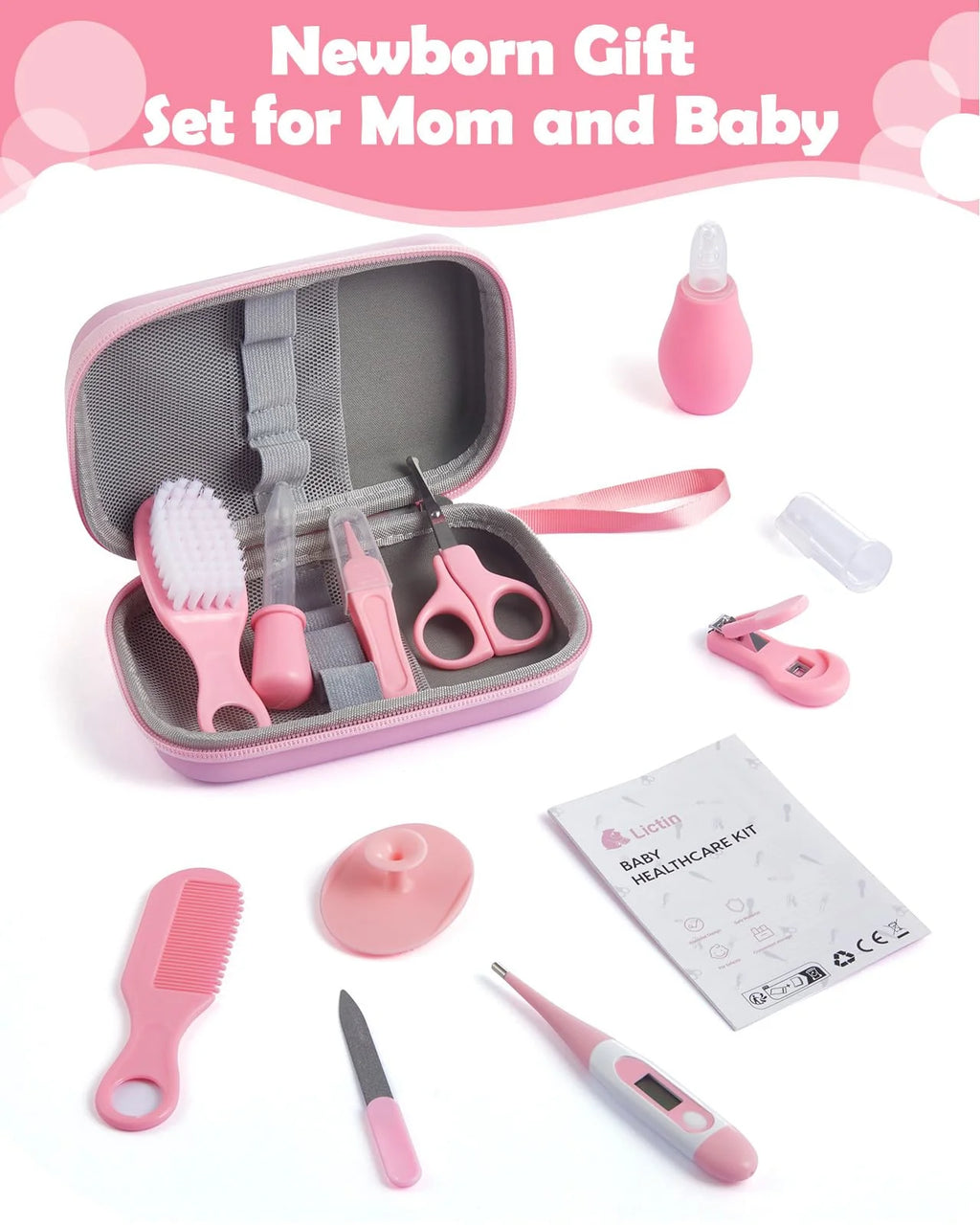 Lilian&Gema Baby Grooming and Health Kit, Nursery Safety Health Care Set with Thermometer Nail Clipper Brush Comb, Baby Care Kit for Newborn Baby Girls, Pink