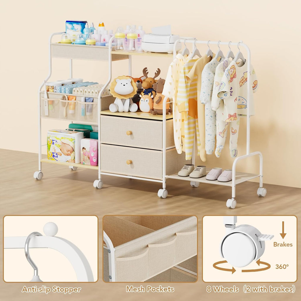 Diaper Caddy Organizer with Hanging Rack - 3 Tier Rolling Utility Cart with Drawers and Dividers for Baby Bottle Storage - Bedside Cart for Changing Station, Crib, Nursery, Bedroom, Beige