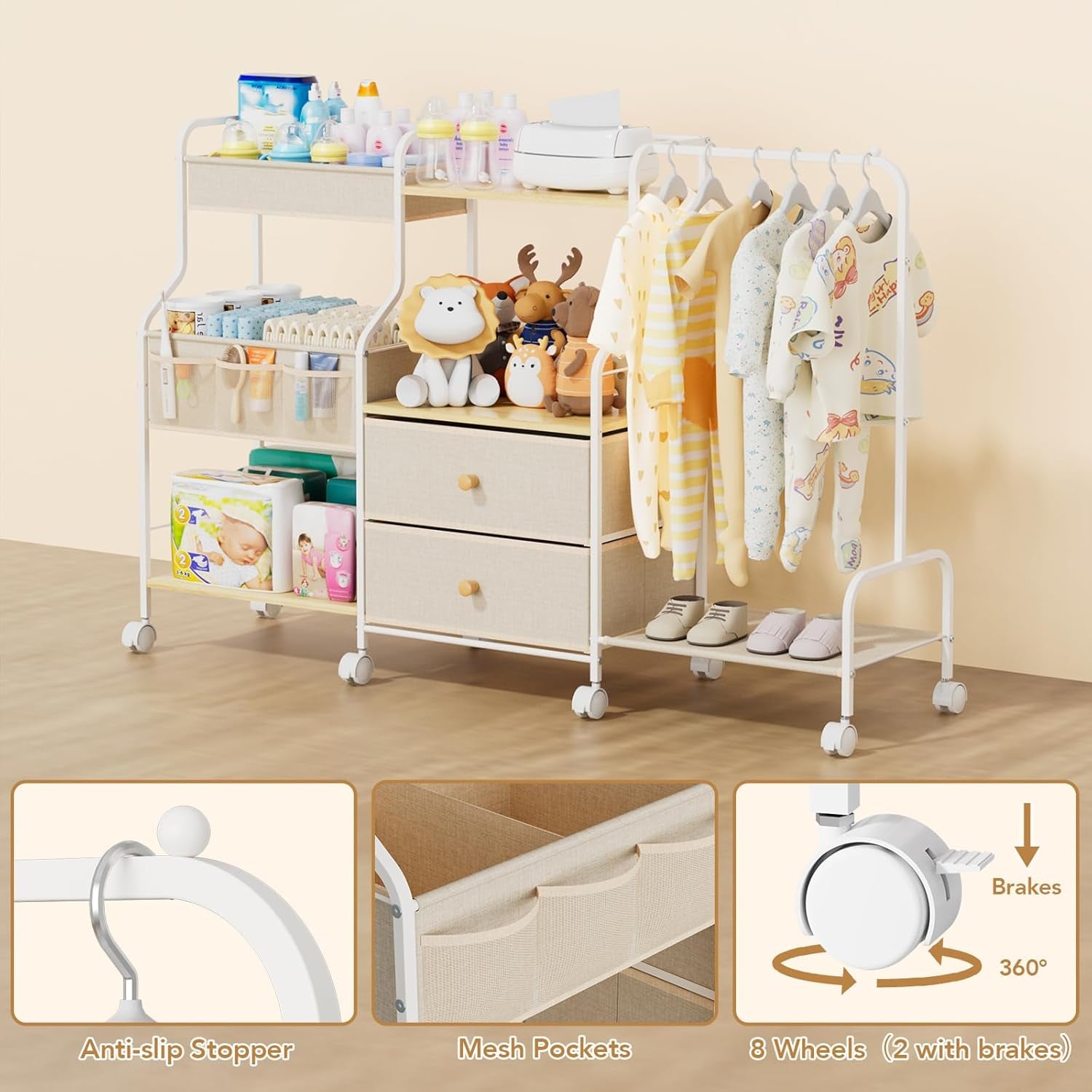 Diaper Caddy Organizer with Hanging Rack - 3 Tier Rolling Utility Cart with Drawers and Dividers for Baby Bottle Storage - Bedside Cart for Changing Station, Crib, Nursery, Bedroom, Beige