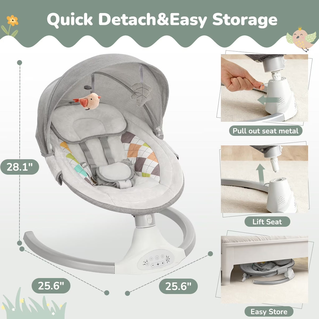 Baby Swing for Infants,  Baby Rocker with Dinner Plate, 5 Swing Speeds, Adapter Battery Operated, Indoor,Outdoor, Grey
