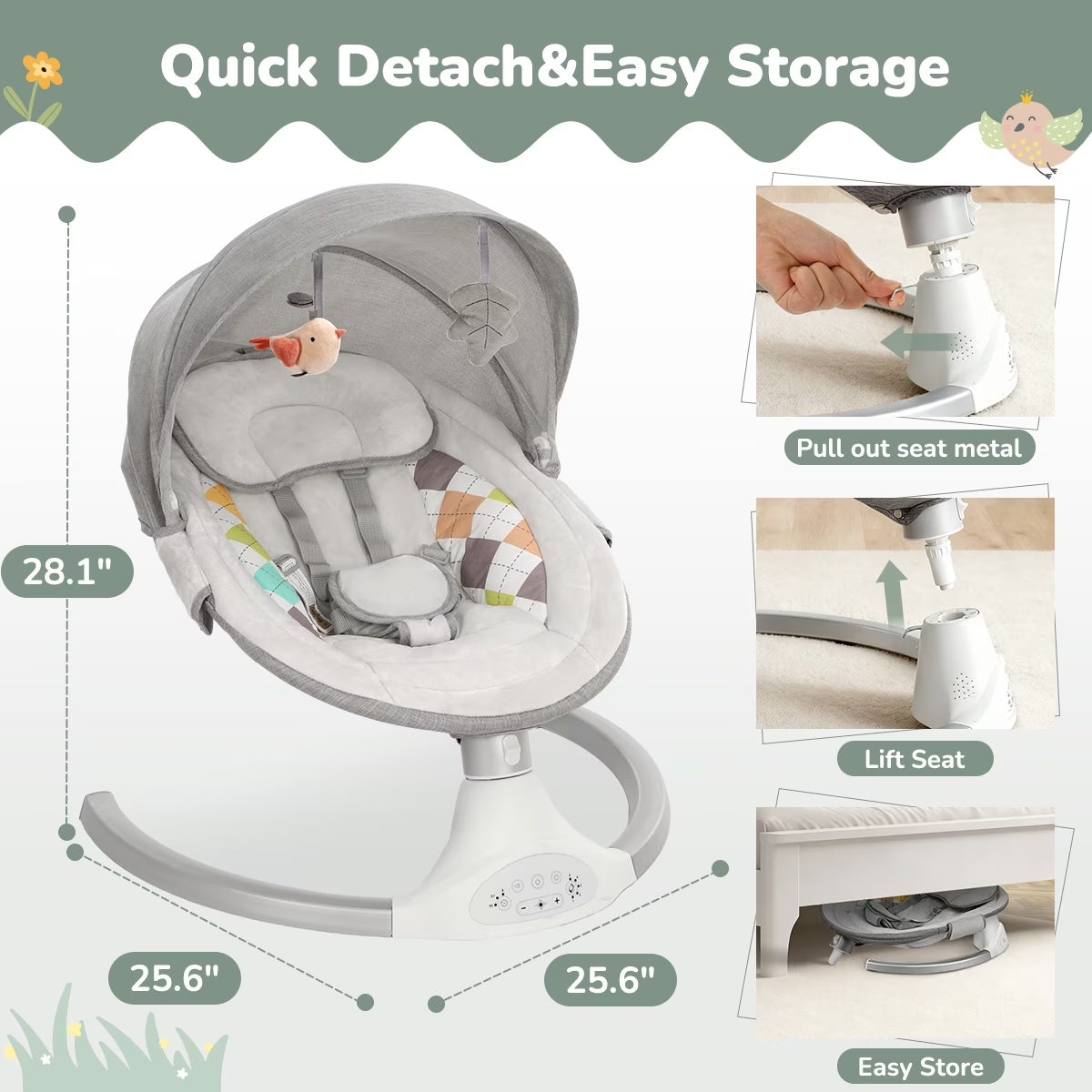 Baby Swing for Infants,  Baby Rocker with Dinner Plate, 5 Swing Speeds, Adapter Battery Operated, Indoor,Outdoor, Grey