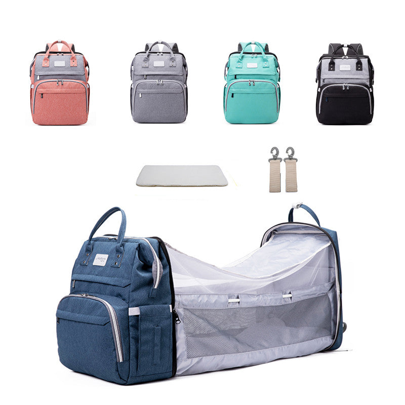 Multifunctional Maternity Diaper Backpack Upgraded with Removable Mosquito Net Large Capacity Foldable Infants Baby Crib Waterproof Nappy Mother Bag for Travel