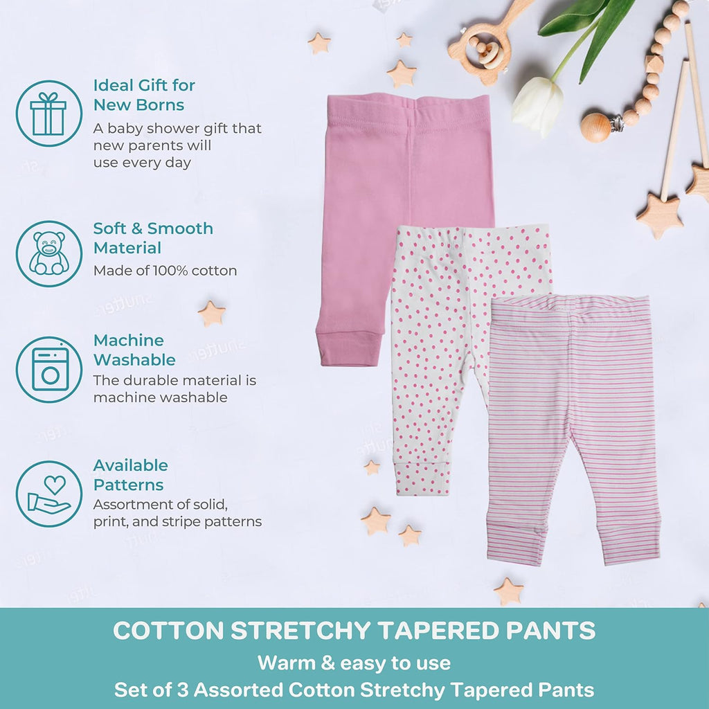 Baby Cotton Pants for Newborns and Infants, Tapered, 3 Pack