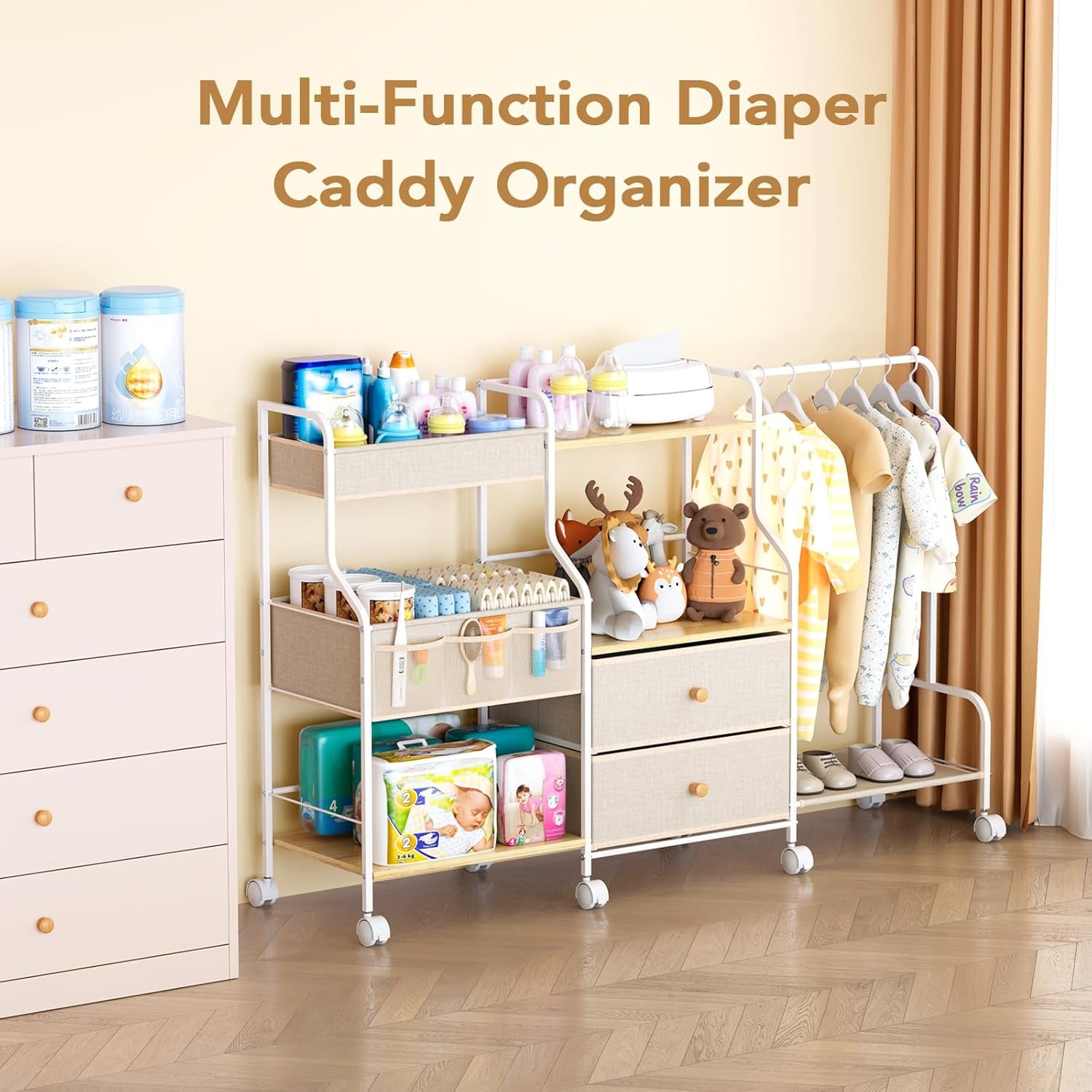 Diaper Caddy Organizer with Hanging Rack - 3 Tier Rolling Utility Cart with Drawers and Dividers for Baby Bottle Storage - Bedside Cart for Changing Station, Crib, Nursery, Bedroom, Beige