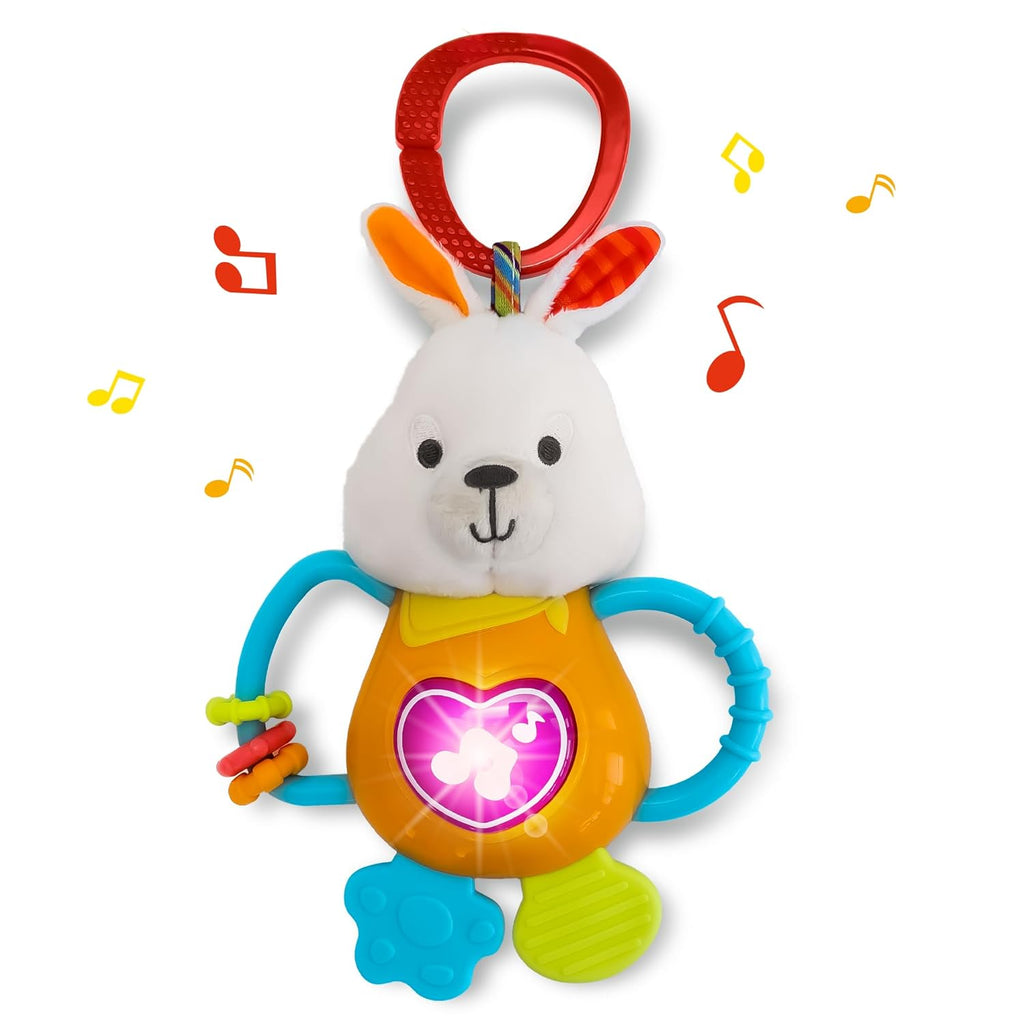 Easter Bunny Teething & Rattle Musical Toy for Infants and Babies - Light-Up, Sensory Chew & Interactive Toy for Infants - Baby Basket Stuffer for 3 Months and Up