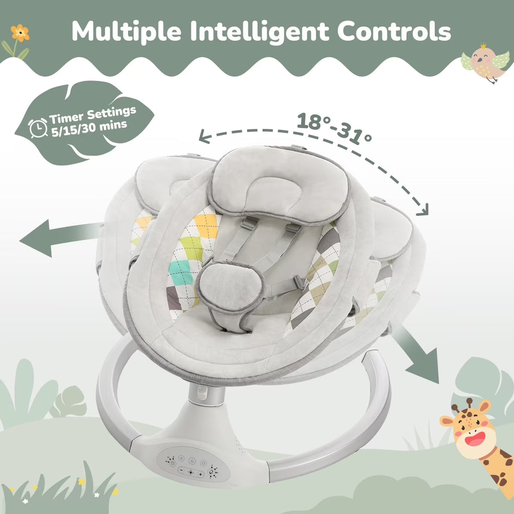 Baby Swing for Infants,  Baby Rocker with Dinner Plate, 5 Swing Speeds, Adapter Battery Operated, Indoor,Outdoor, Grey