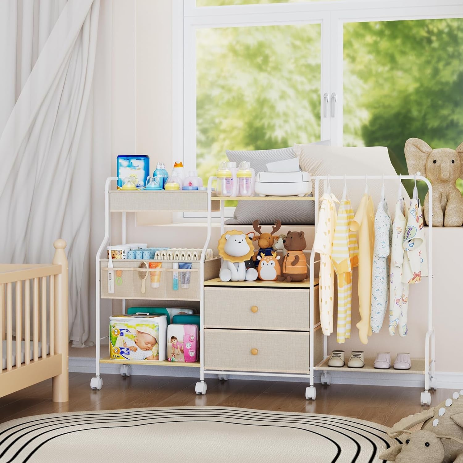 Diaper Caddy Organizer with Hanging Rack - 3 Tier Rolling Utility Cart with Drawers and Dividers for Baby Bottle Storage - Bedside Cart for Changing Station, Crib, Nursery, Bedroom, Beige