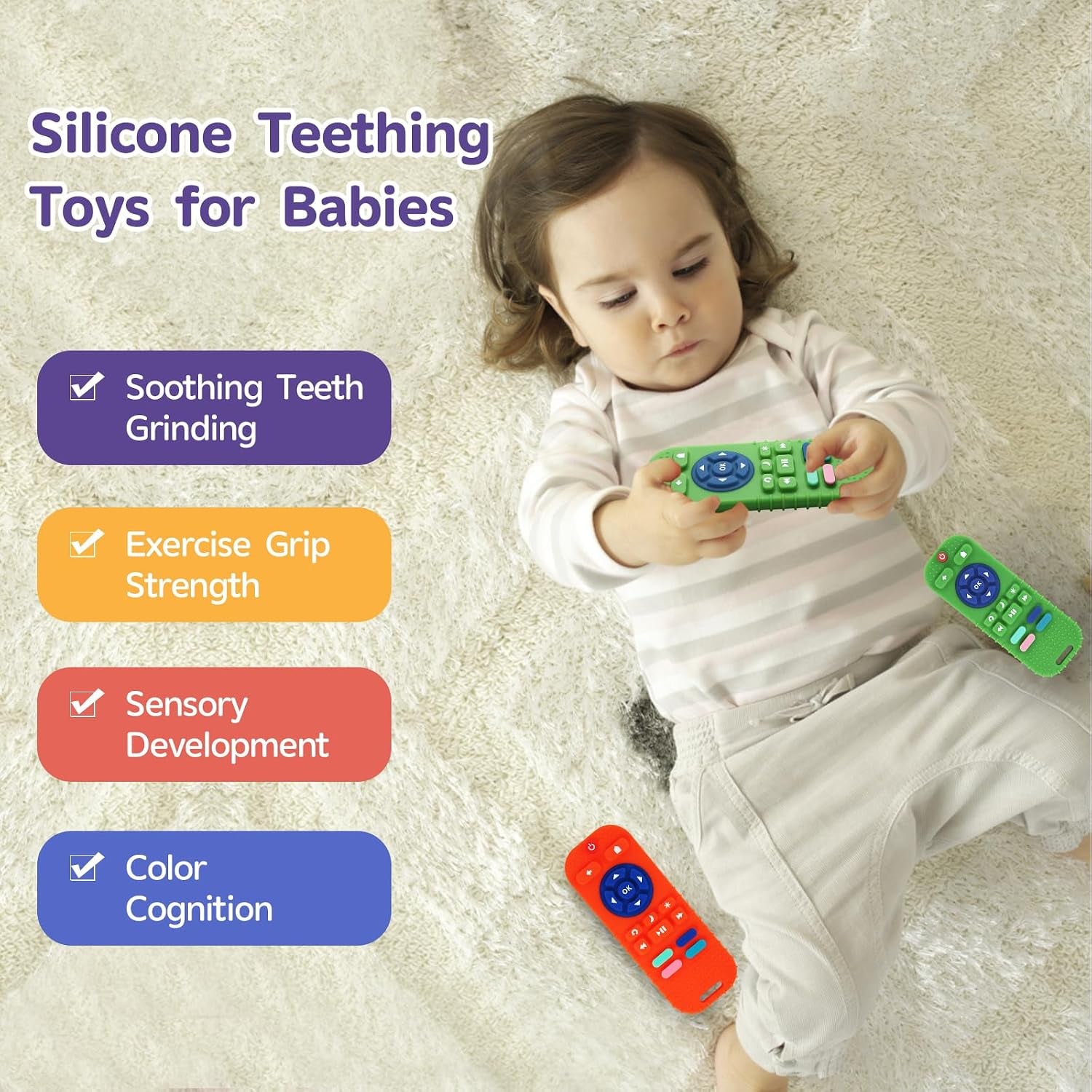 2-Pack Silicone Teethers for Babies 0-6 & 6-12 Months, Sensory Chew Toys & Remote Control Toys for Infants & Toddlers