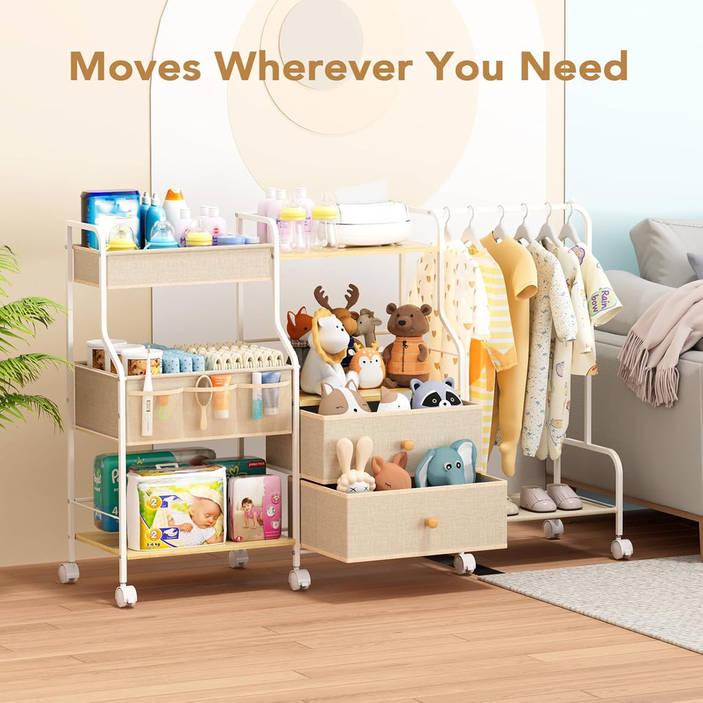 Diaper Caddy Organizer with Hanging Rack - 3 Tier Rolling Utility Cart with Drawers and Dividers for Baby Bottle Storage - Bedside Cart for Changing Station, Crib, Nursery, Bedroom, Beige