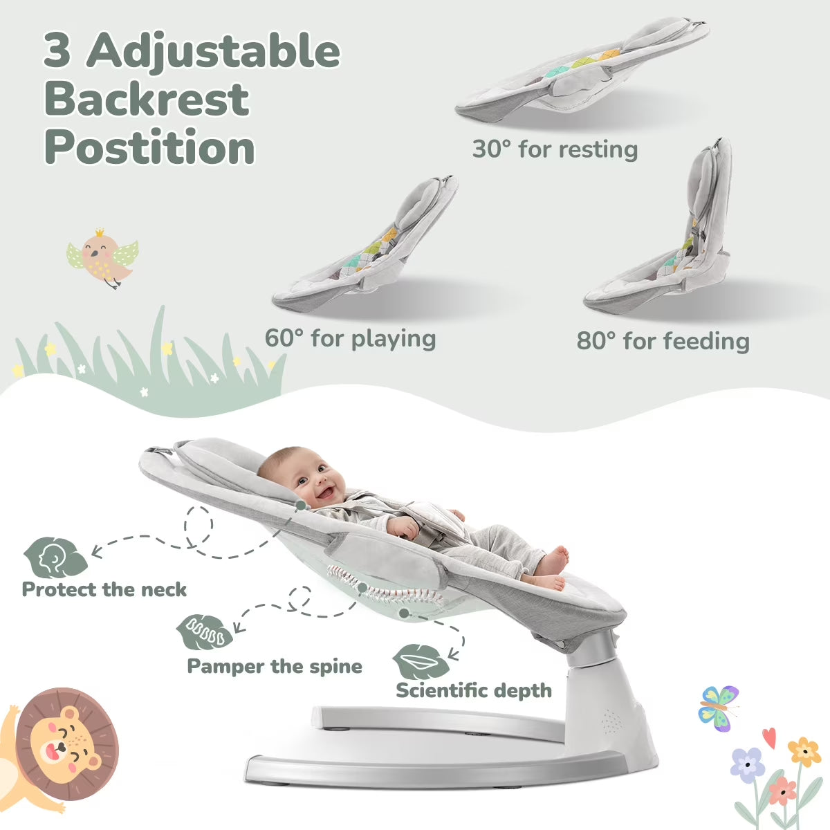 Baby Swing for Infants,  Baby Rocker with Dinner Plate, 5 Swing Speeds, Adapter Battery Operated, Indoor,Outdoor, Grey