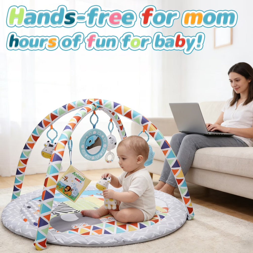 Baby Gym Play Mat Activity Mat with 5 Detachable Toys, round Tummy Time Play Mat for Newborns & Infants 0–12 Months