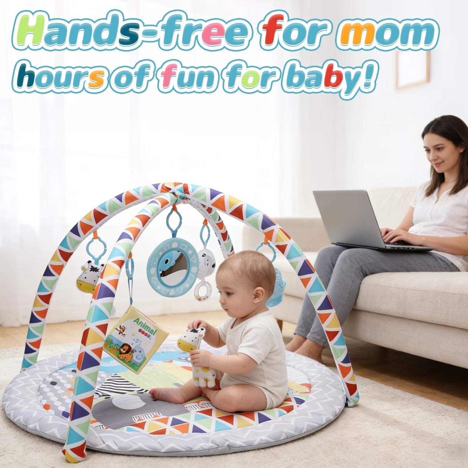 Baby Gym Play Mat Activity Mat with 5 Detachable Toys, round Tummy Time Play Mat for Newborns & Infants 0–12 Months