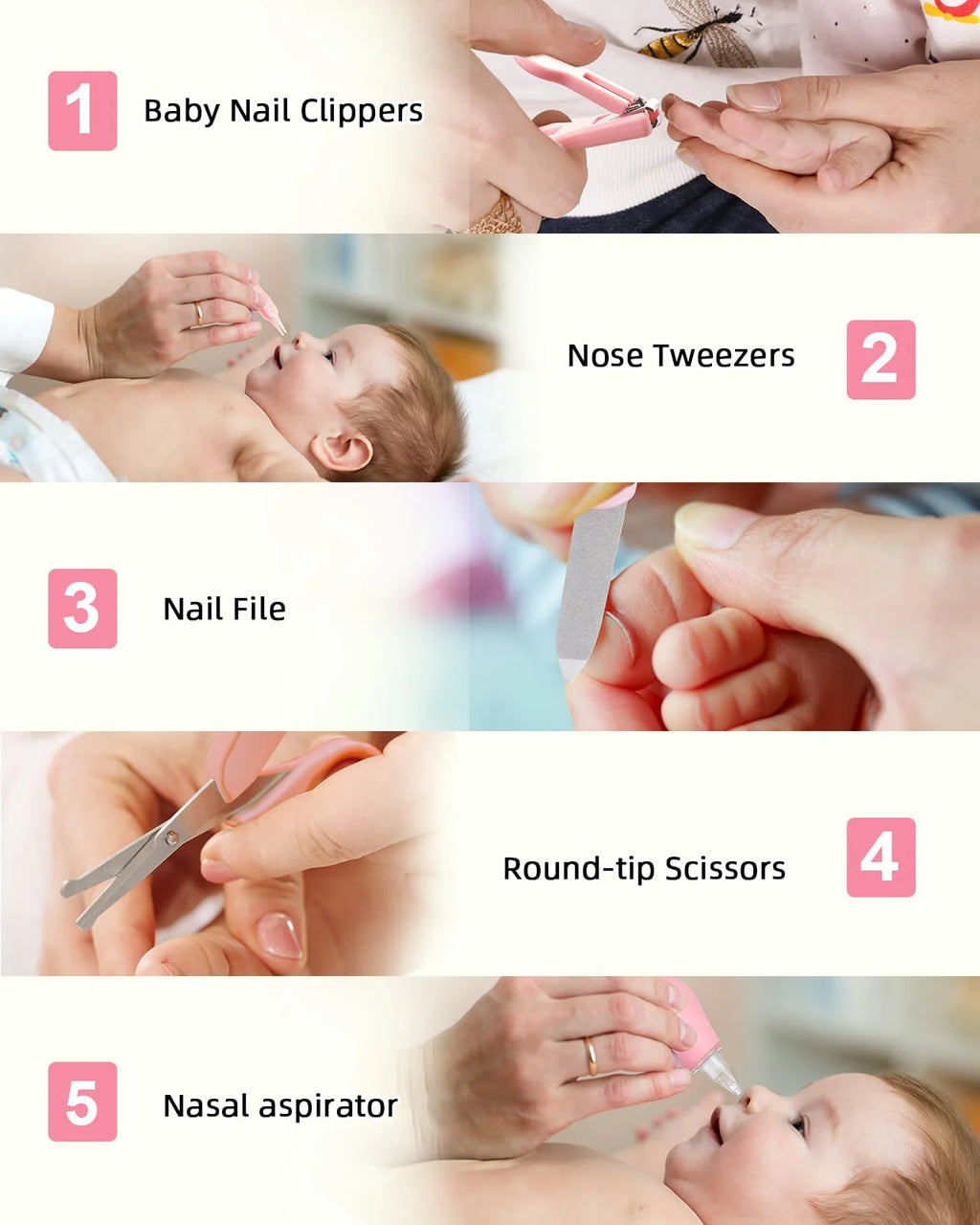 Lilian&Gema Baby Grooming and Health Kit, Nursery Safety Health Care Set with Thermometer Nail Clipper Brush Comb, Baby Care Kit for Newborn Baby Girls, Pink