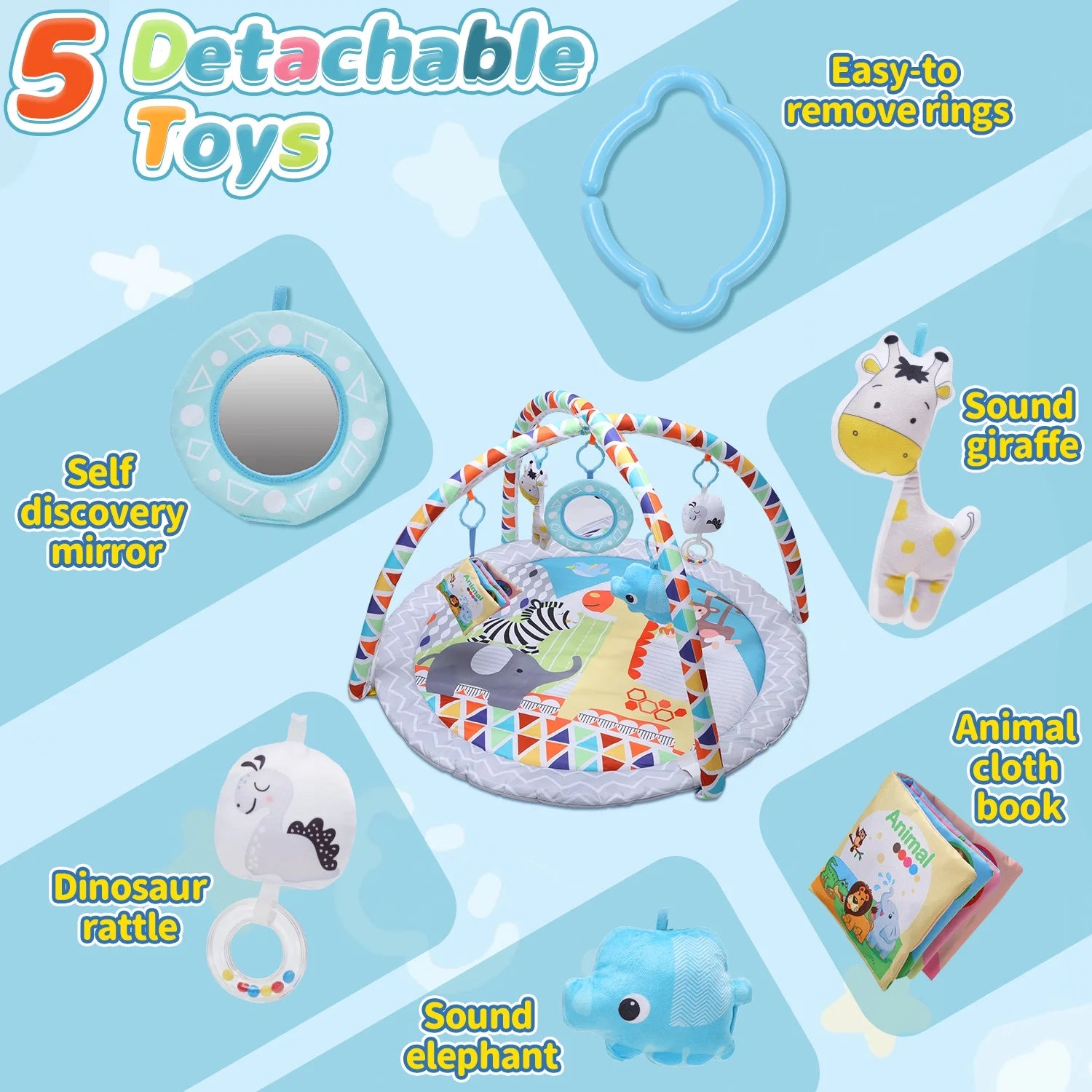 Baby Gym Play Mat Activity Mat with 5 Detachable Toys, round Tummy Time Play Mat for Newborns & Infants 0–12 Months
